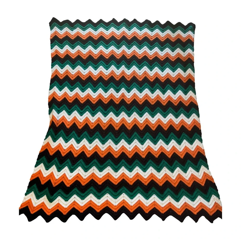 Vintage Handmade Crochet Chevron Afghan Throw Blanket 48X60